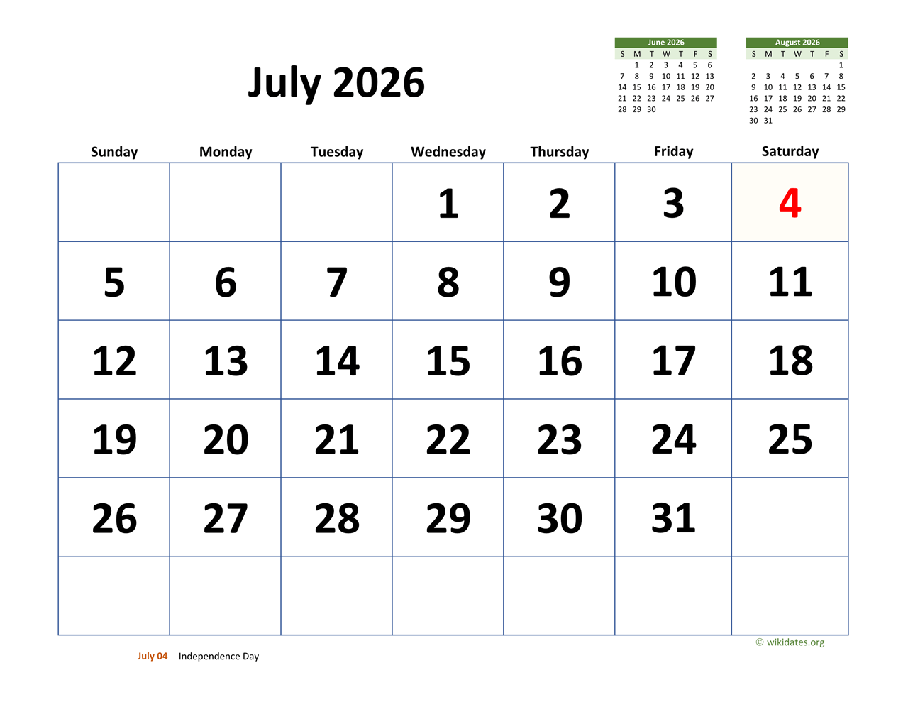 July 2026 Printable Calendar
