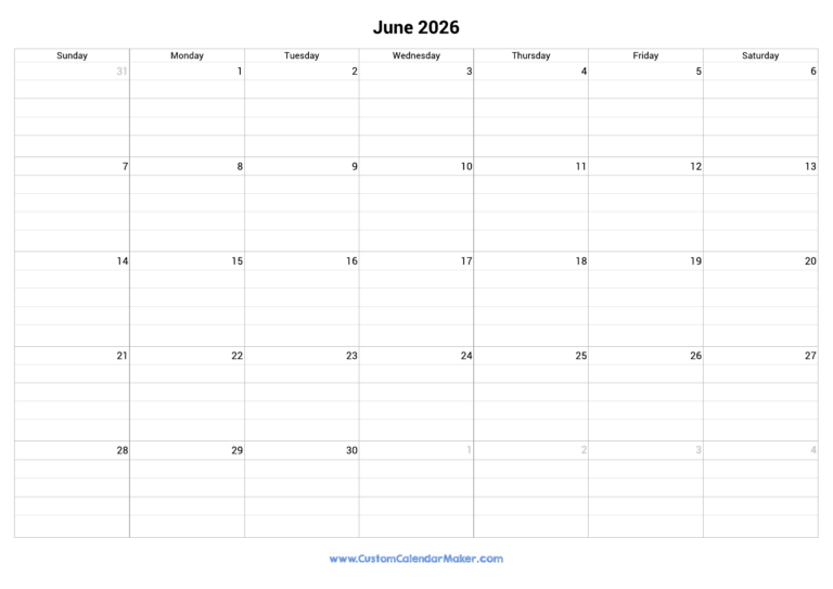 June 2026 Fillable Calendar Grid With Lines Custom Calendar Maker