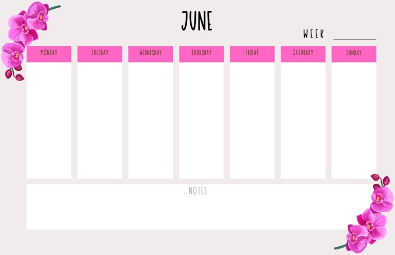 June Blank Weekly Calendar Orchid Weekly Planner Weekly Planner Instant Download Printable Weekly Calendar Organizer Etsy