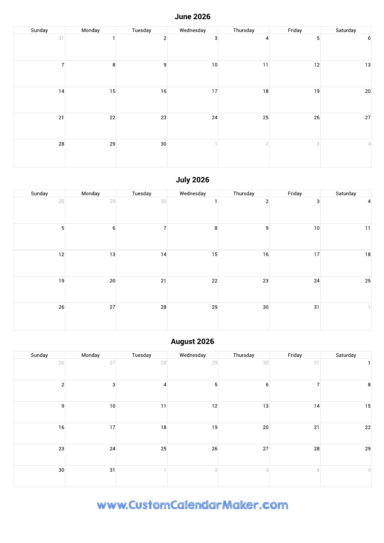 June To August 2026 Calendar Printable Custom Calendar Maker