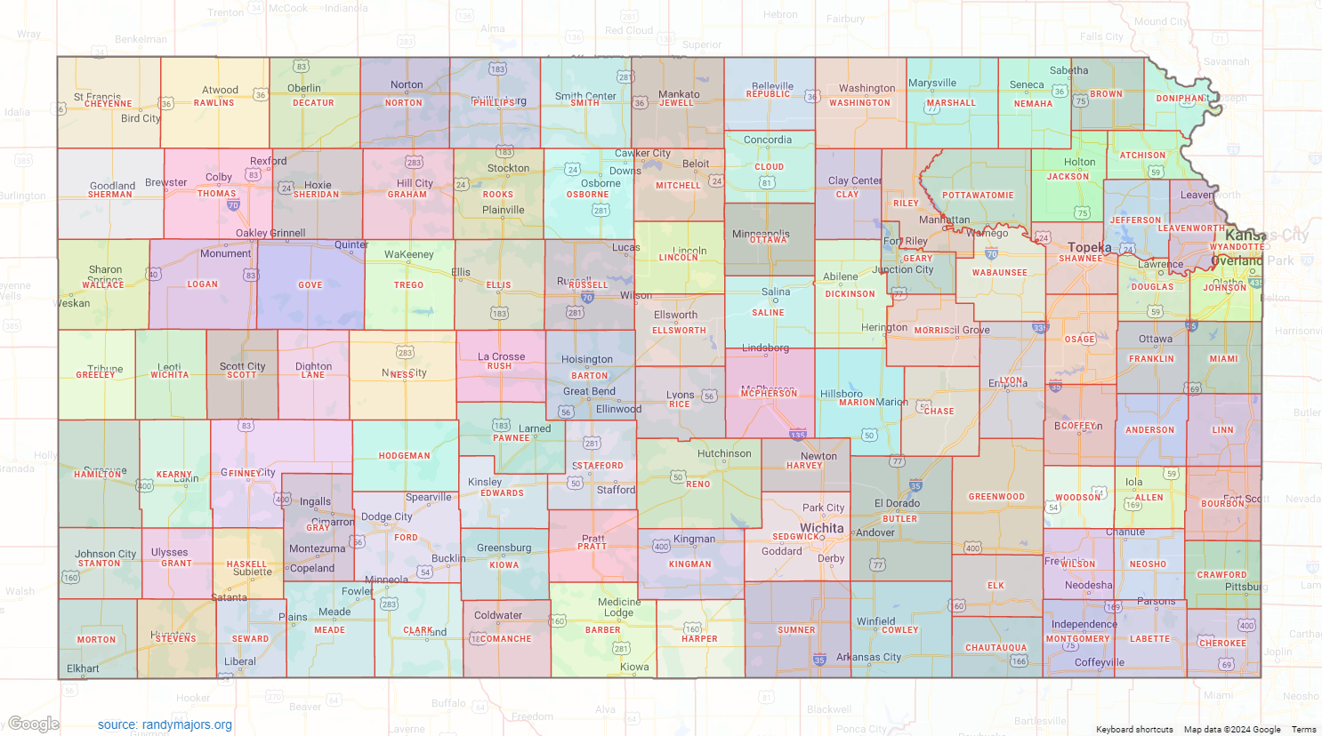 Kansas County Map Shown On Google Maps