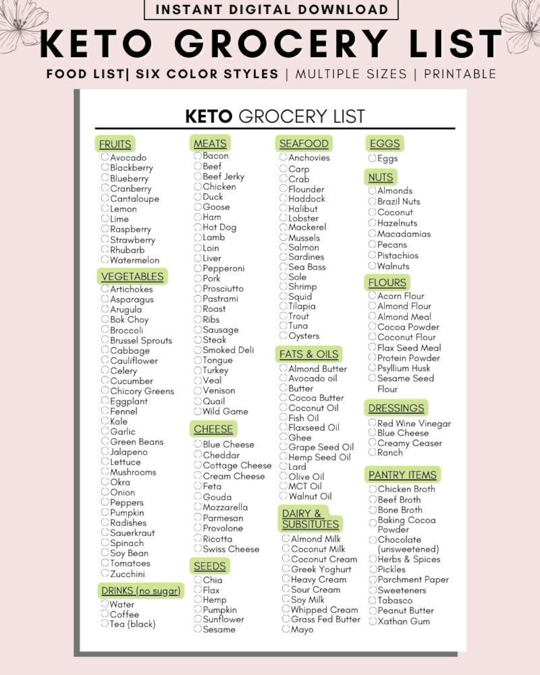 Keto Grocery List Printable Low Carb Food Tracker Meal Planner digital Download Etsy