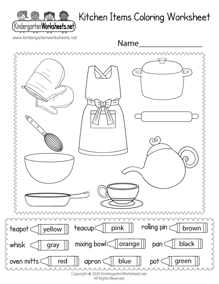 Kitchen Items Coloring Worksheet Free Printable Digital PDF