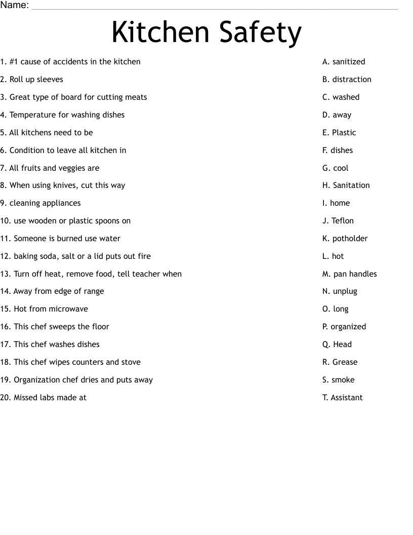 Kitchen Safety Worksheet WordMint