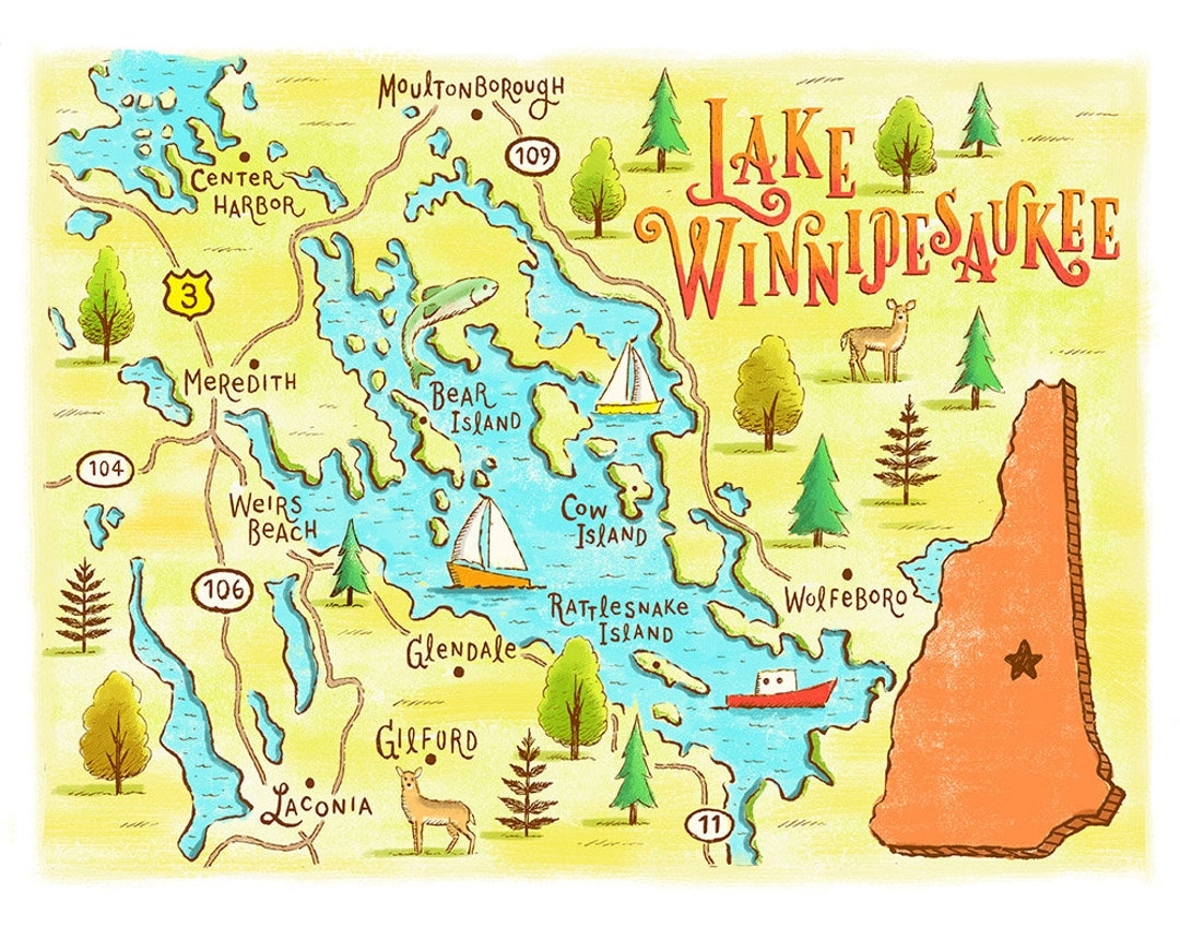 Lake Winnipesaukee Map Etsy