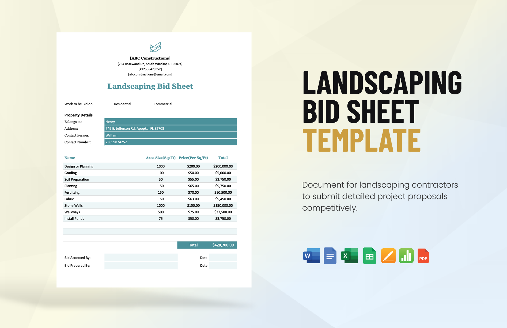 Landscaping Bid Sheet Template In Google Docs Google Sheets Word Pages Excel Apple Numbers PDF Download Template