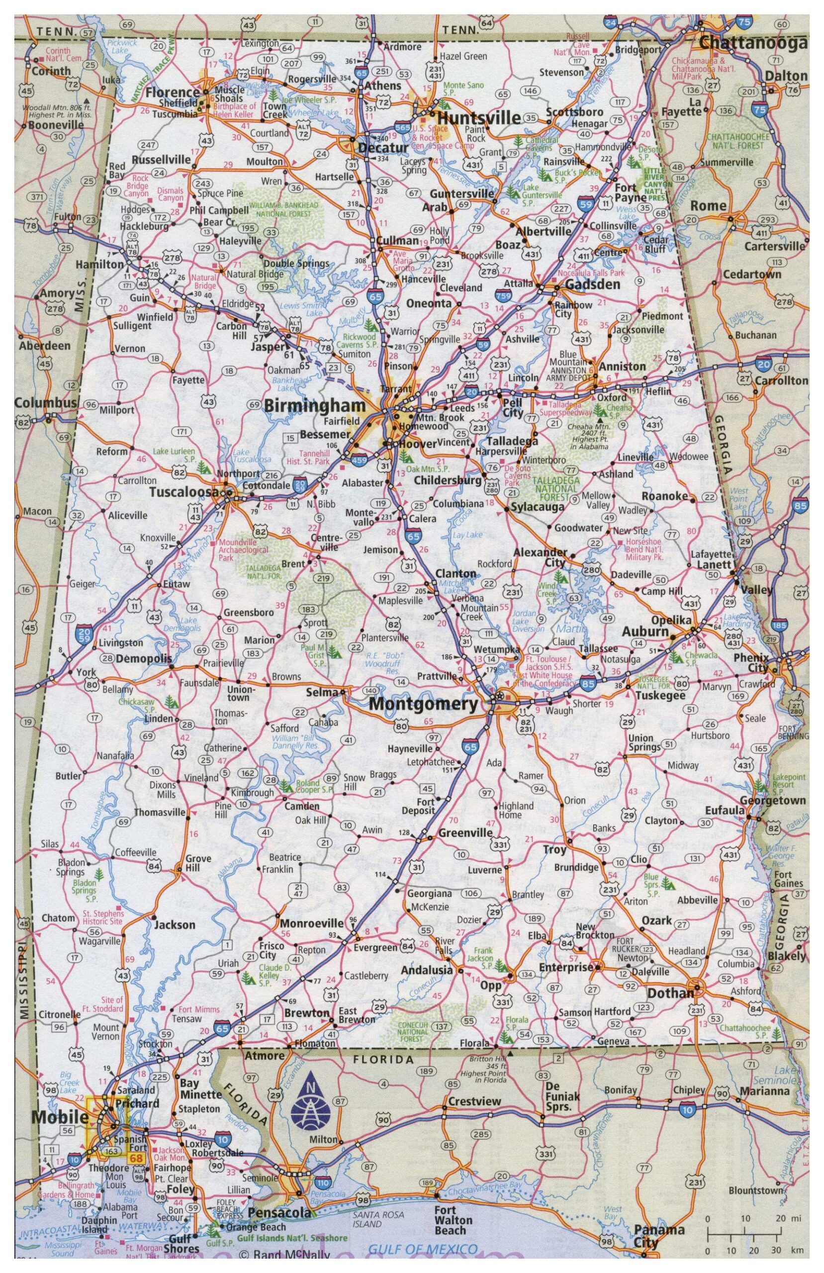 Large Detailed Road Map Of Alabama With All Cities Vidiani Maps Of All Countries In One Place