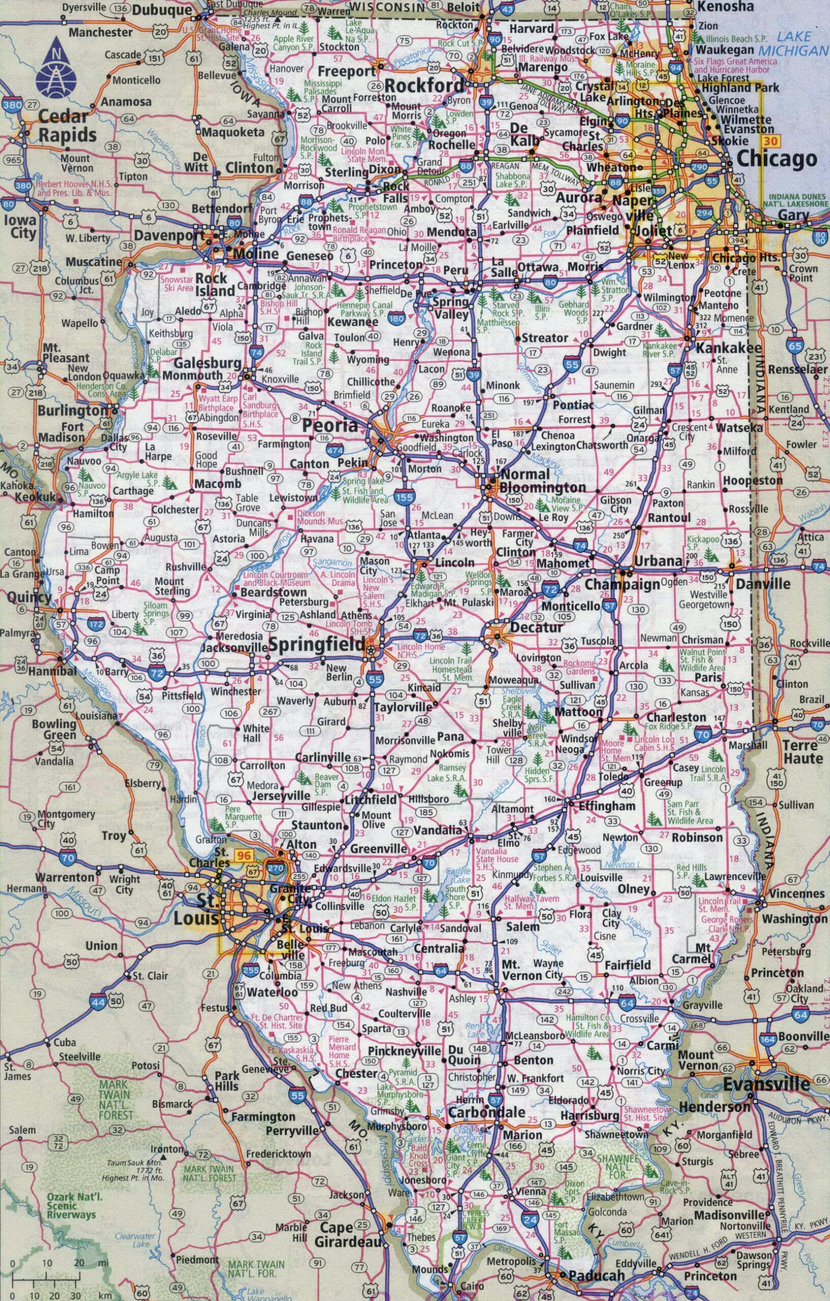 Large Detailed Roads And Highways Map Of Illinois State With All Cities Vidiani Maps Of All Countries In One Place