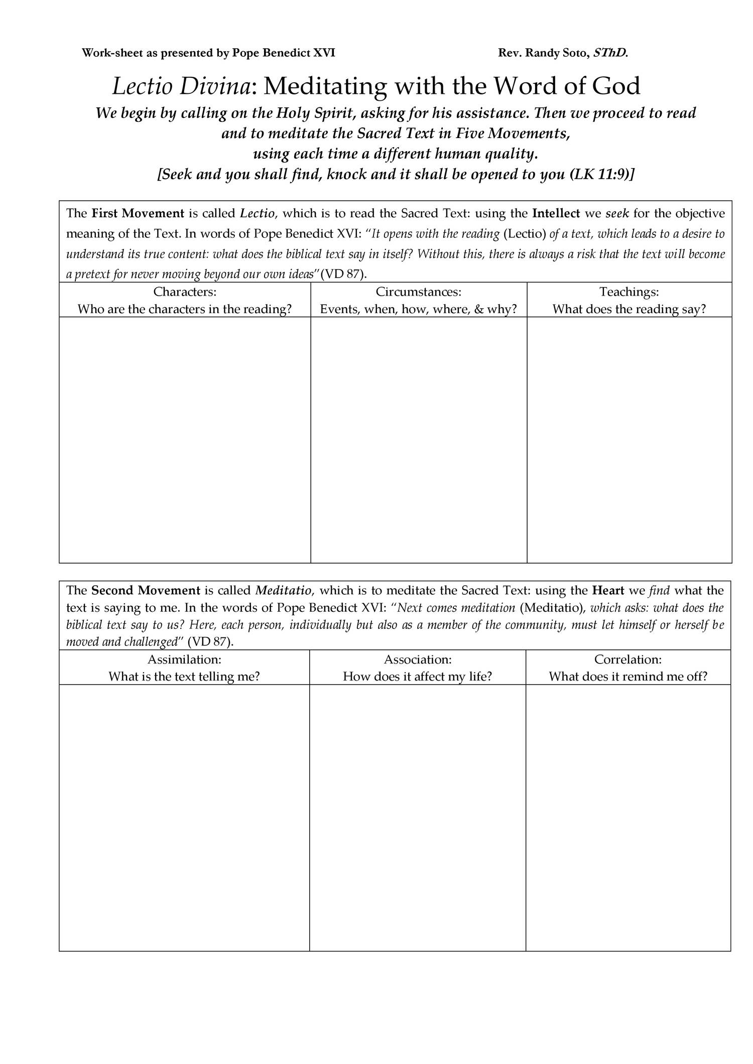 Lectio Divina Worksheet pdf DocDroid