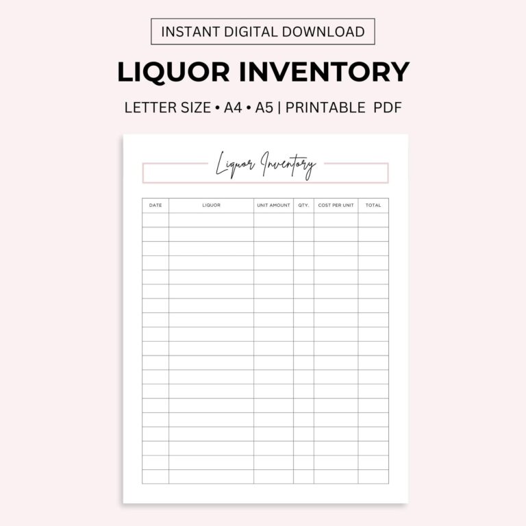 Liquor Inventory Printable Bar Inventory Cocktail Beverage Supply Management Log Etsy
