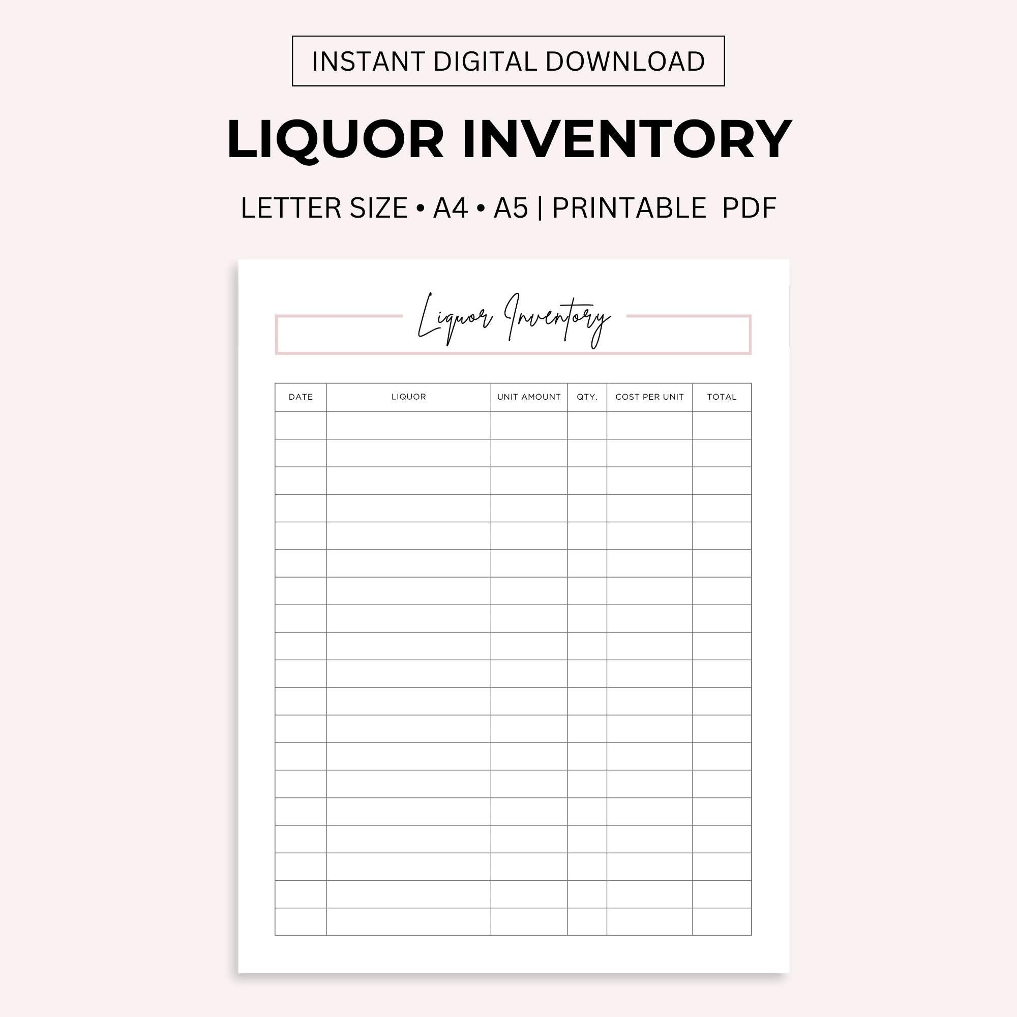 Liquor Inventory Printable Bar Inventory Cocktail Beverage Supply Management Log Etsy