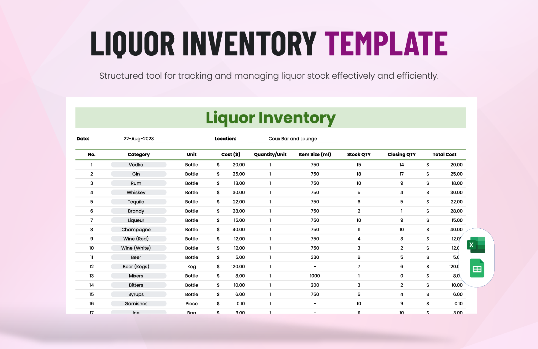 Printable Liquor Inventory Sheets