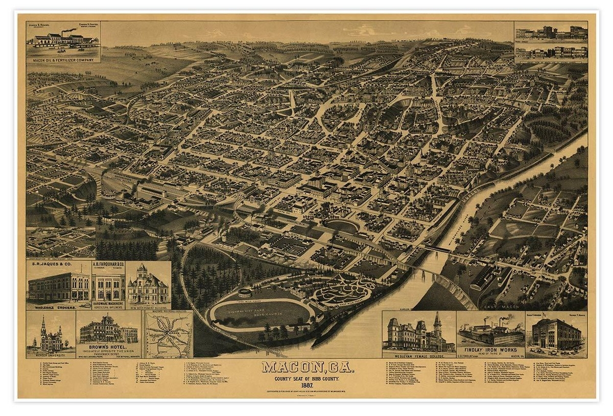 MACON Georgia Bird s Eye View Vintage Downtown City Map Reprint Circa 1887 EBay