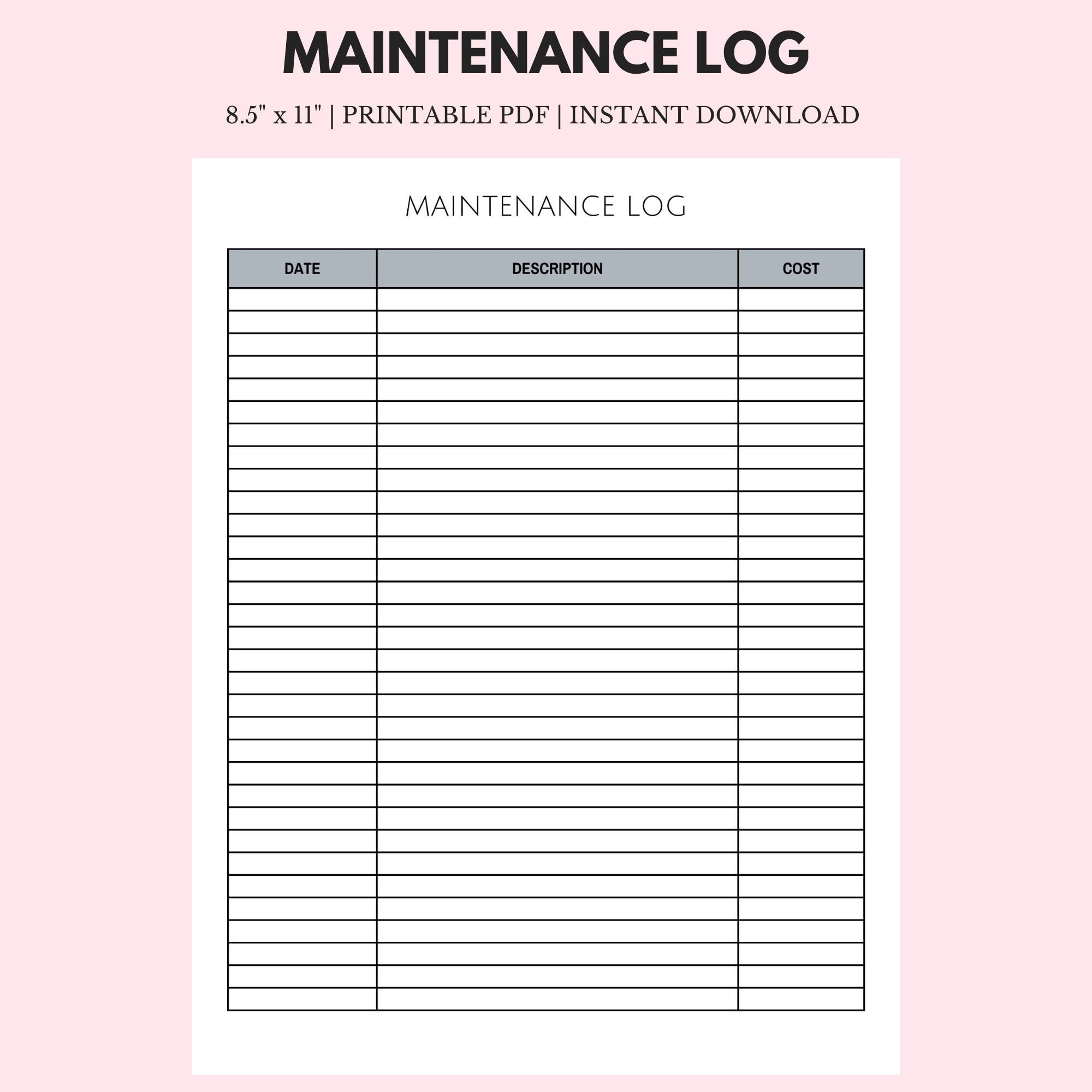 Maintenance Log 8 5 X 11 Instant Download Printable Etsy