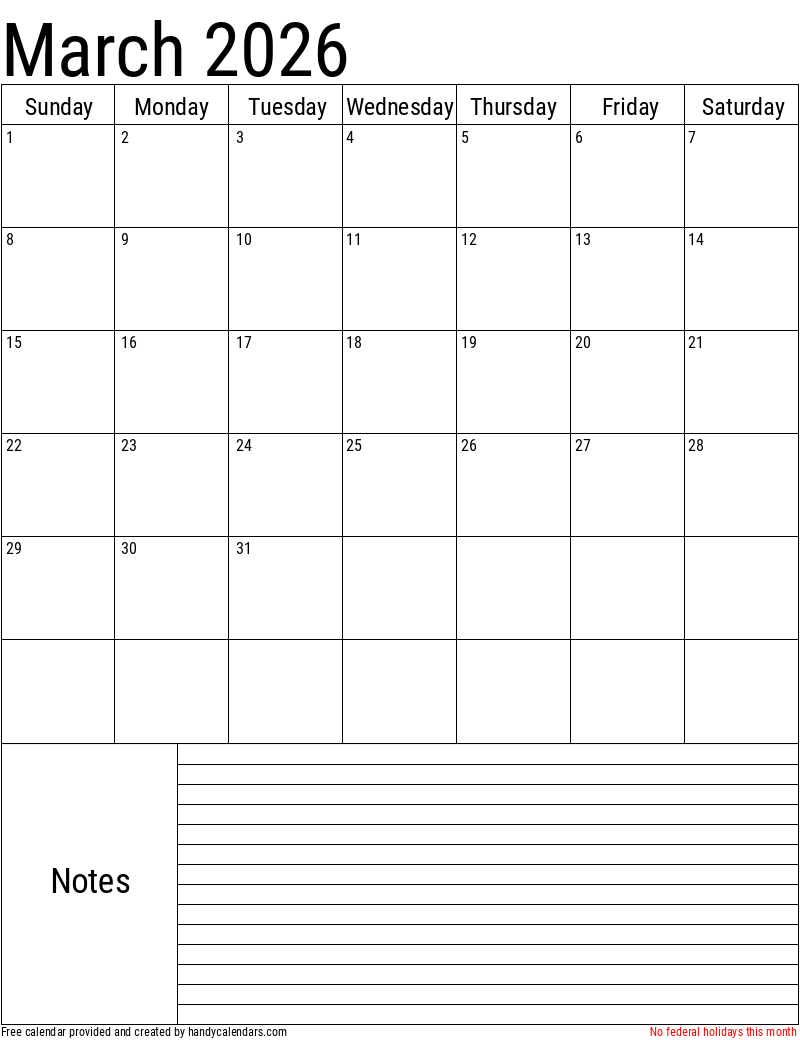 Calendar March 2026 Printable