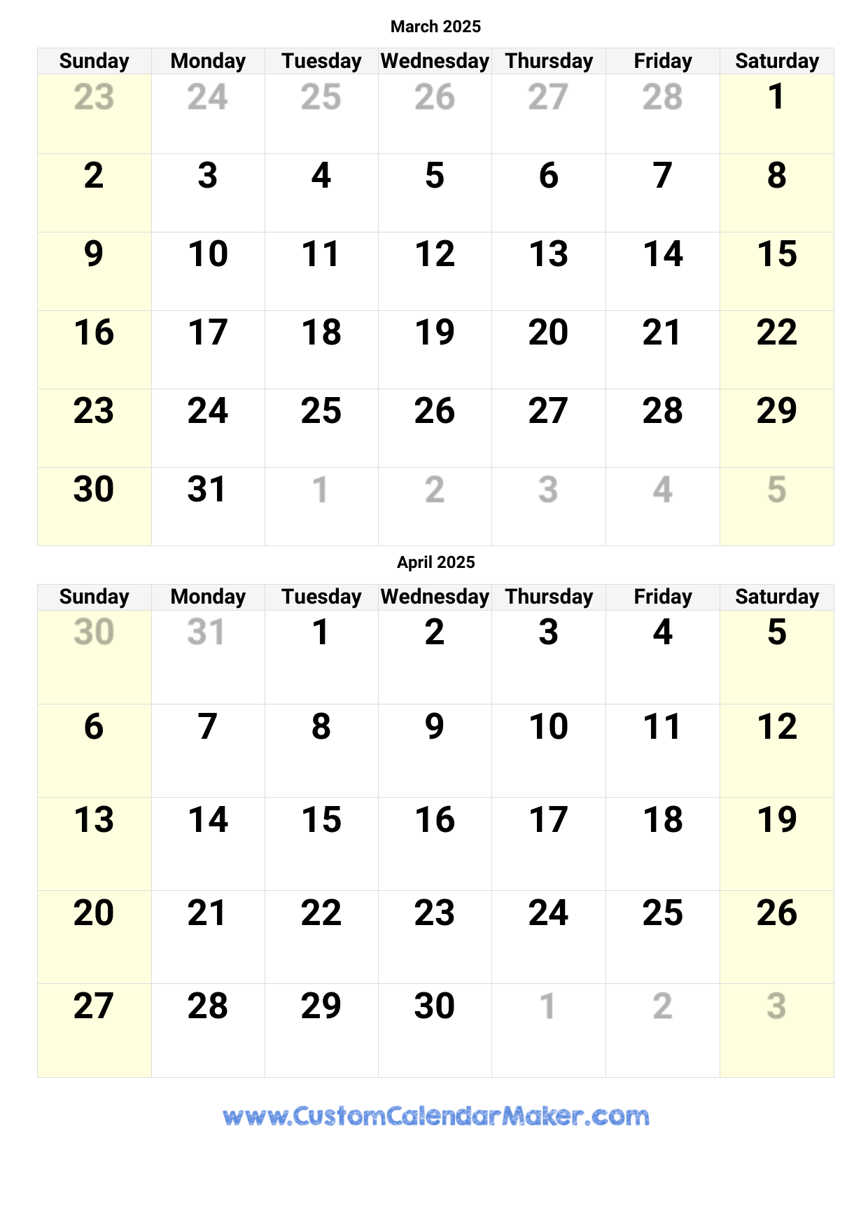 March And April 2025 Calendar Custom Calendar Maker
