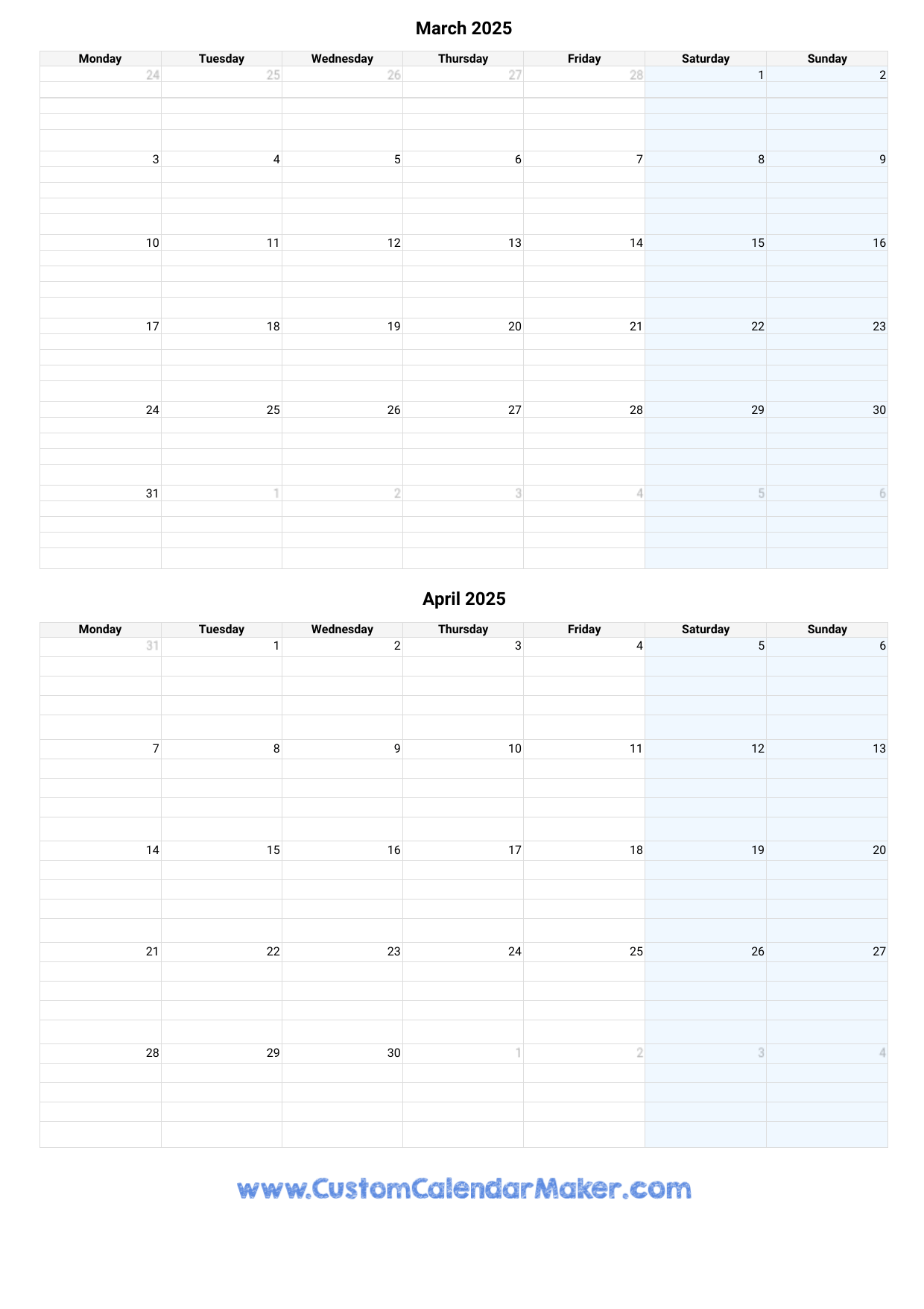 March And April Printable Calendar