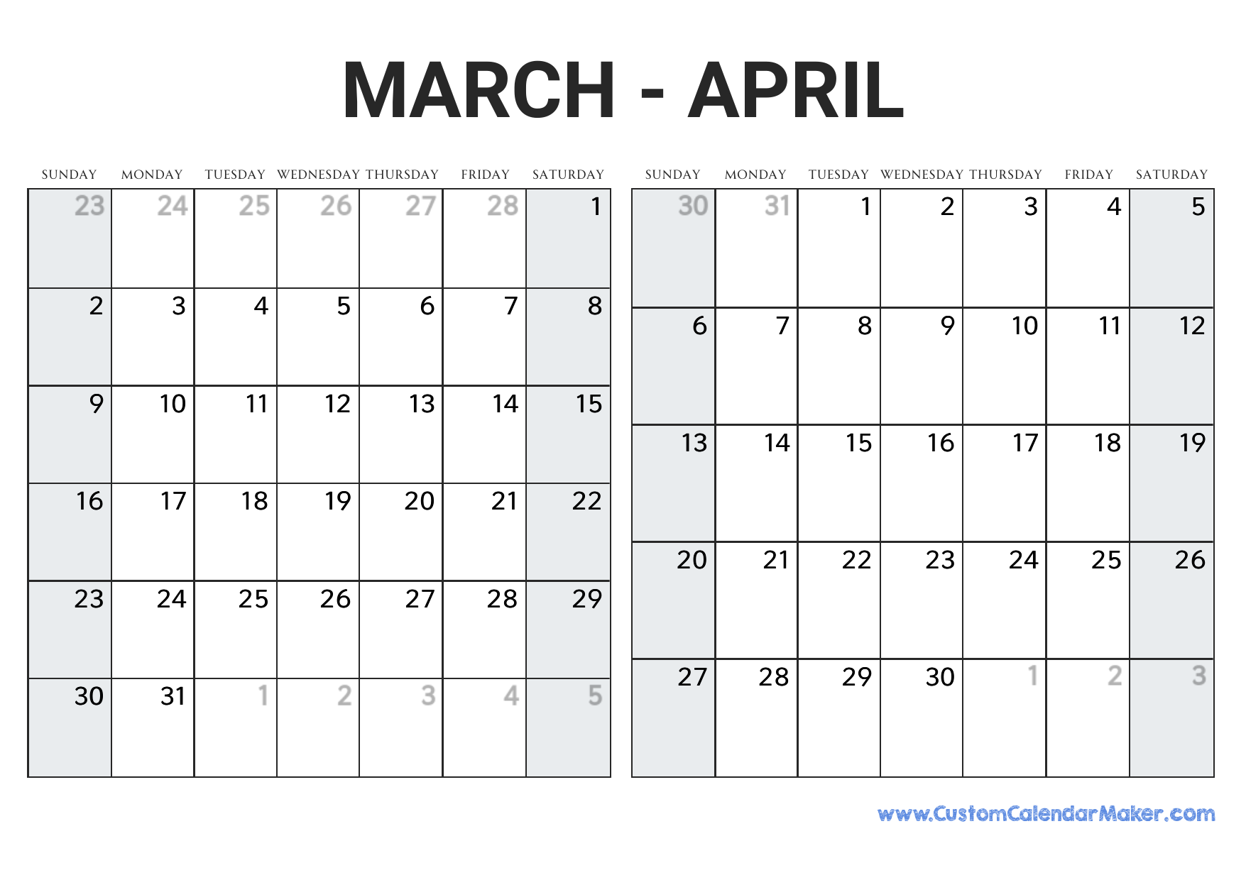 March And April 2025 Calendar Custom Calendar Maker