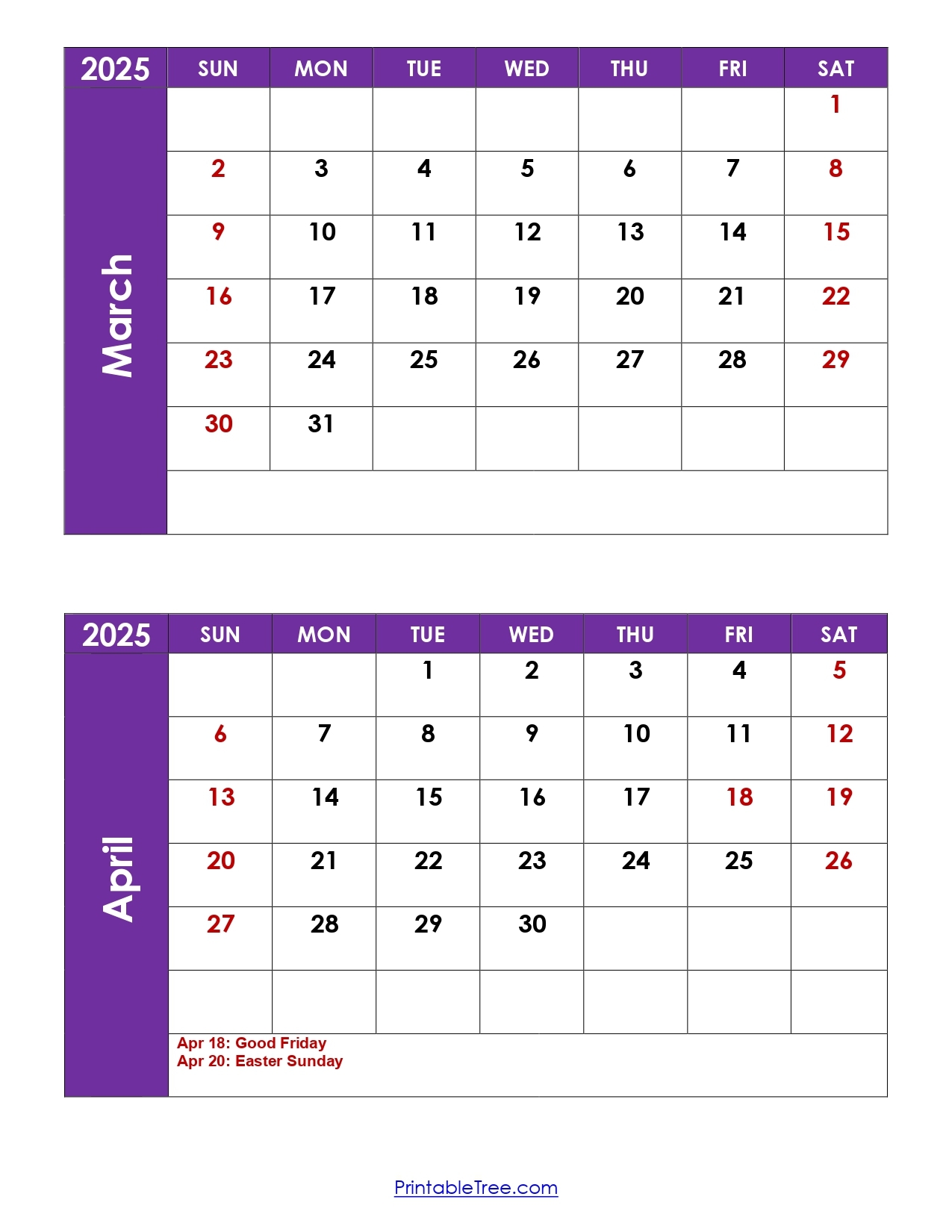 March And April 2025 Calendar Printable Two Months Calendar