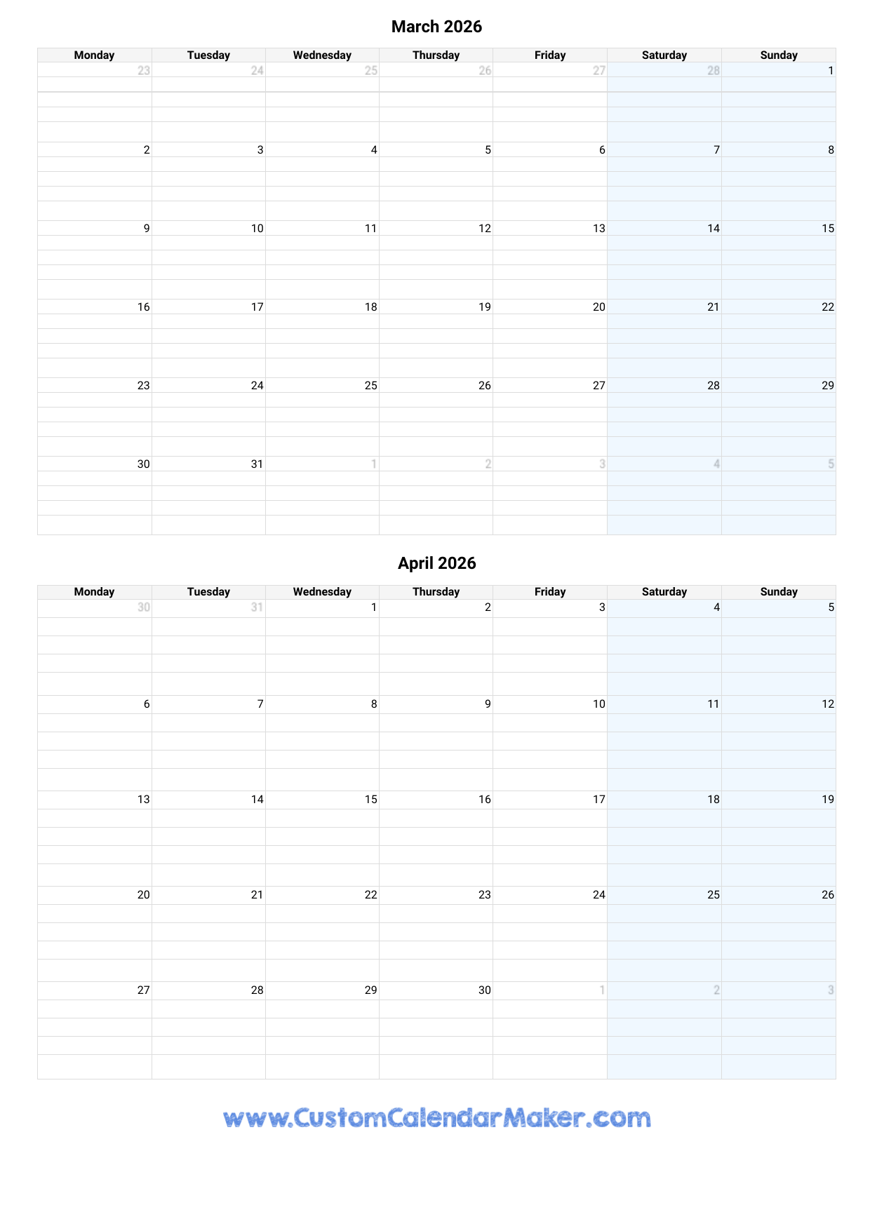 February March April 2026 Calendar Printable