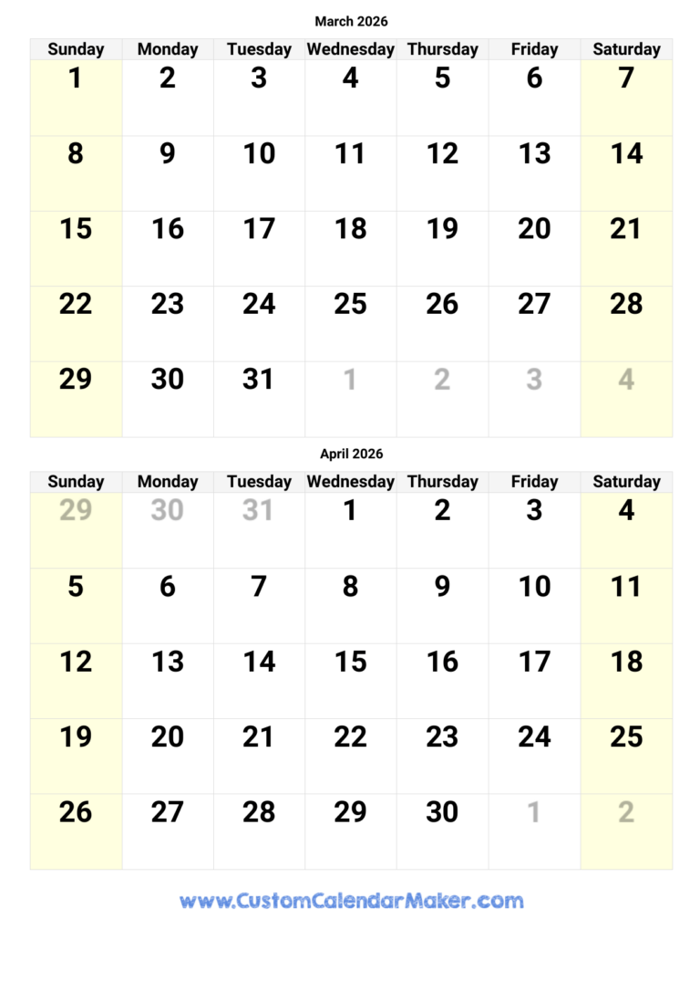 March And April 2026 Calendar Custom Calendar Maker