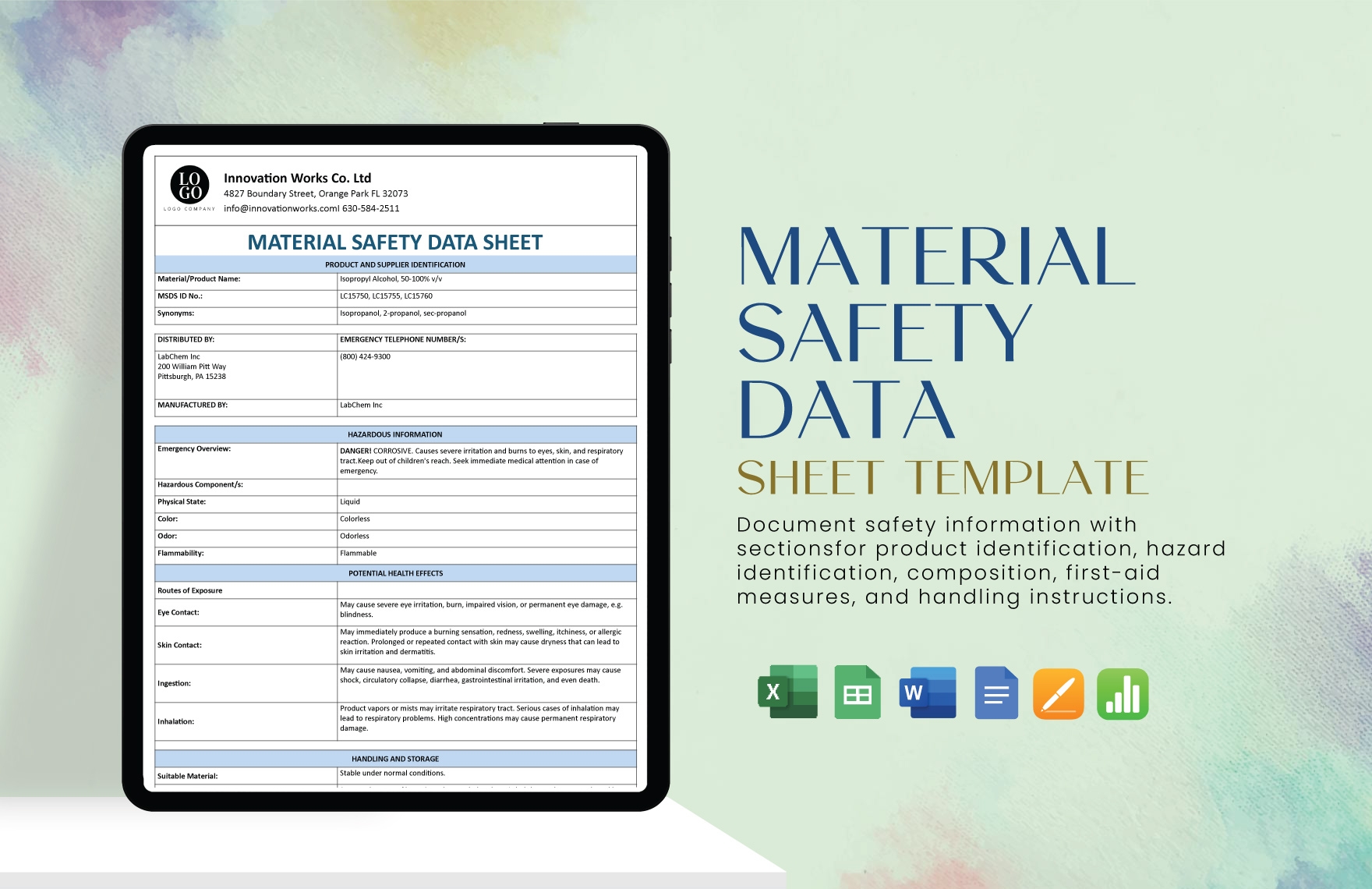 Material Safety Data Sheet Template In Apple Pages Apple Numbers Word Google Docs Excel Google Sheets Download Template