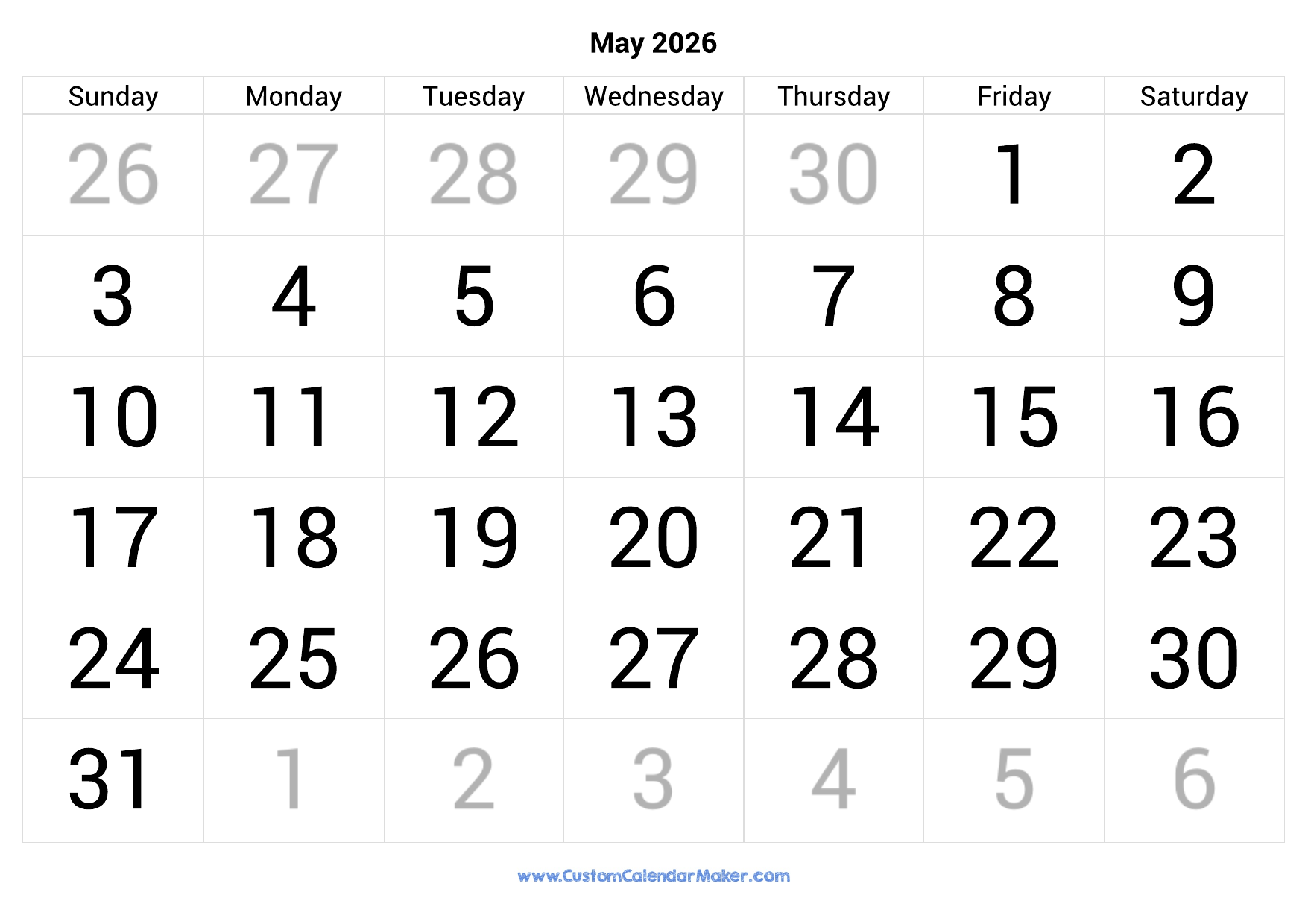 May 2026 Calendar Printable With Large Numbers Custom Calendar Maker May 2026 Calendar Printable With Large Numbers Custom Calendar Maker