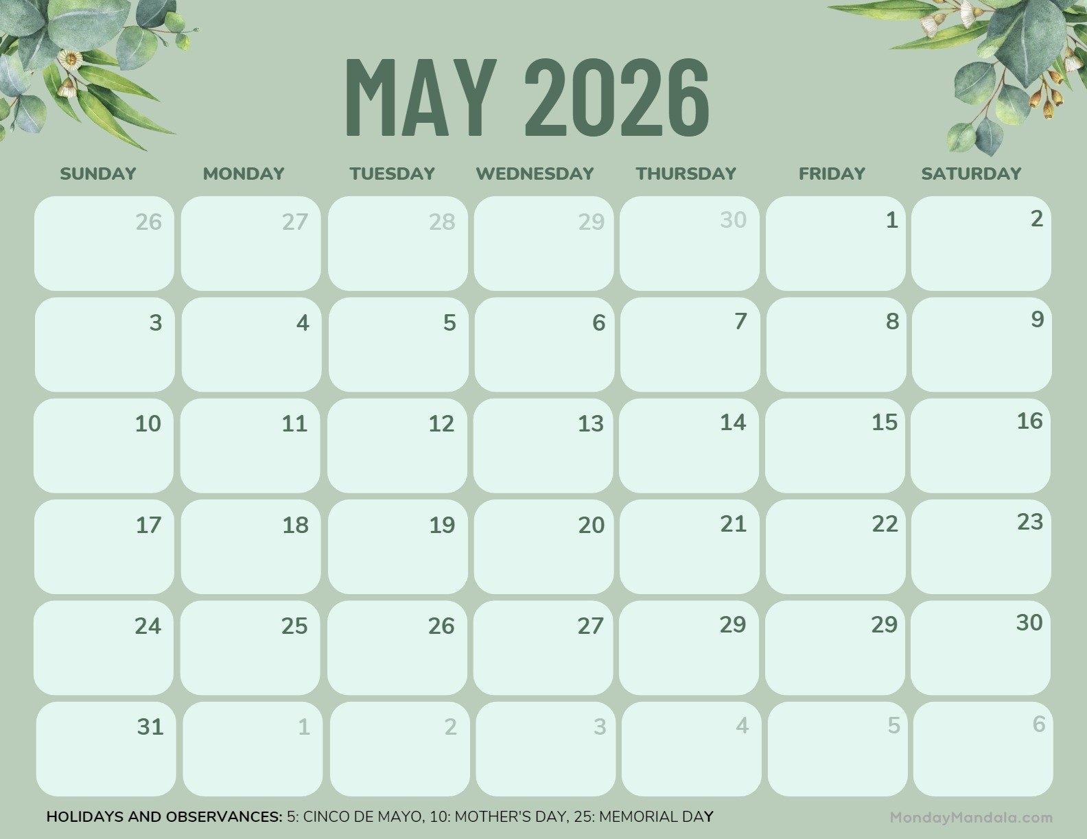 Printable Calendar For May 2026 Printable Calendar For May 2026