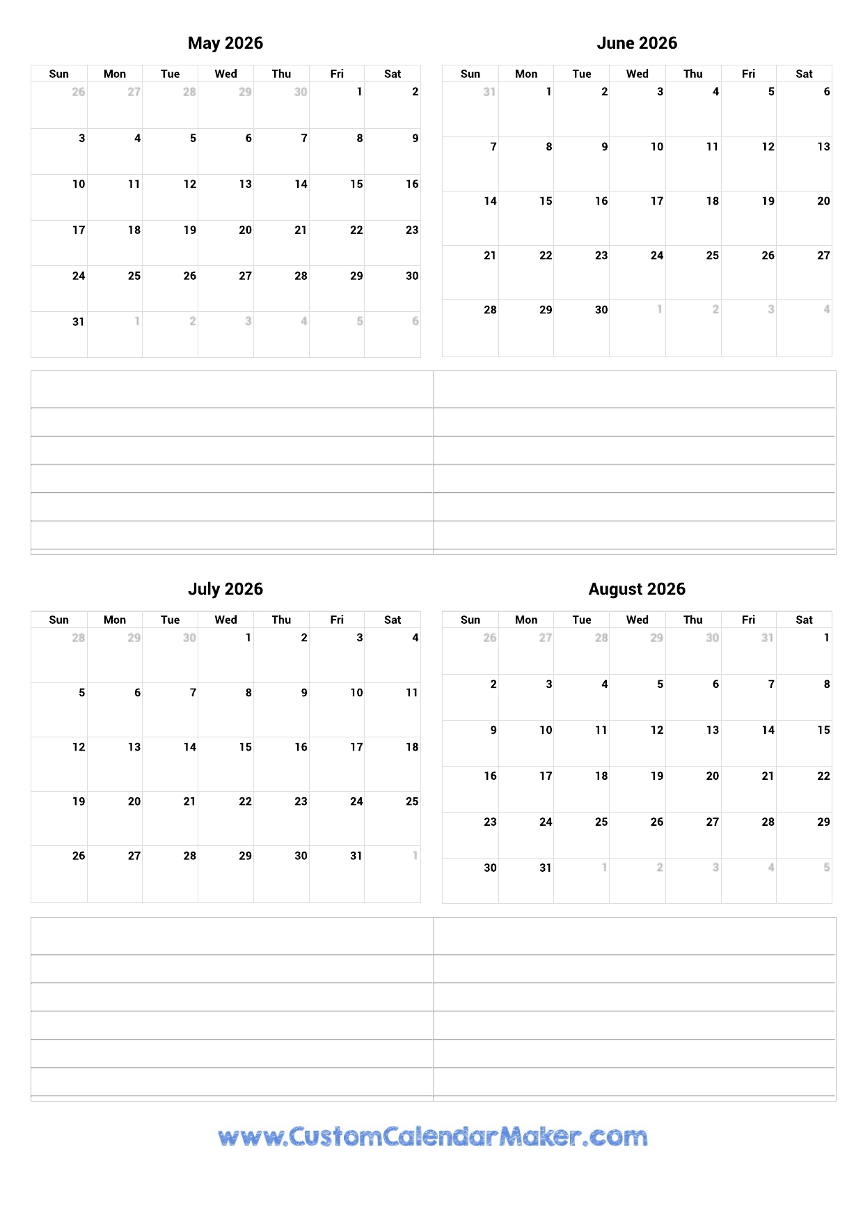 May To August 2026 Printable Calendar Custom Calendar Maker May To August 2026 Printable Calendar Custom Calendar Maker