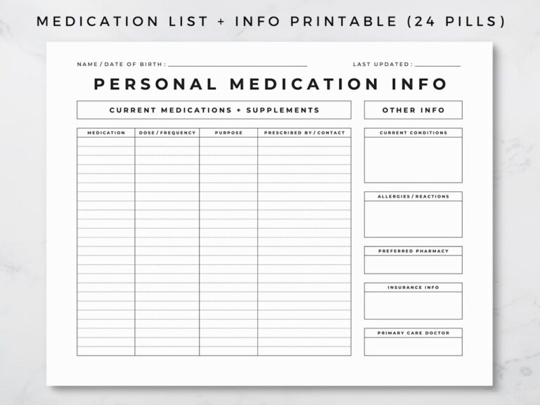 Medication Record Printable Medication List And Info Medical Information Medical History Form Medical Record Prescription Info 8 5x11 Etsy