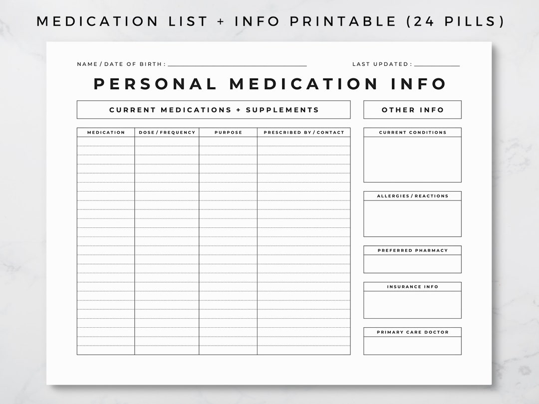 Medication Record Printable Medication List And Info Medical Information Medical History Form Medical Record Prescription Info 8 5x11 Etsy