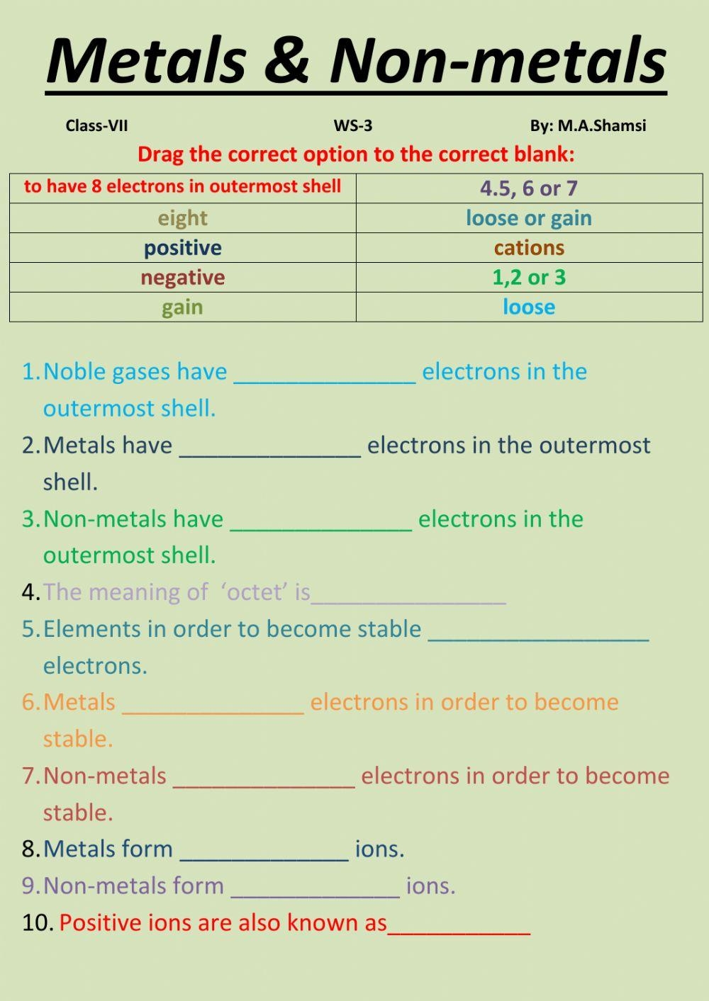 Printable Metals And Non Metals Worksheet
