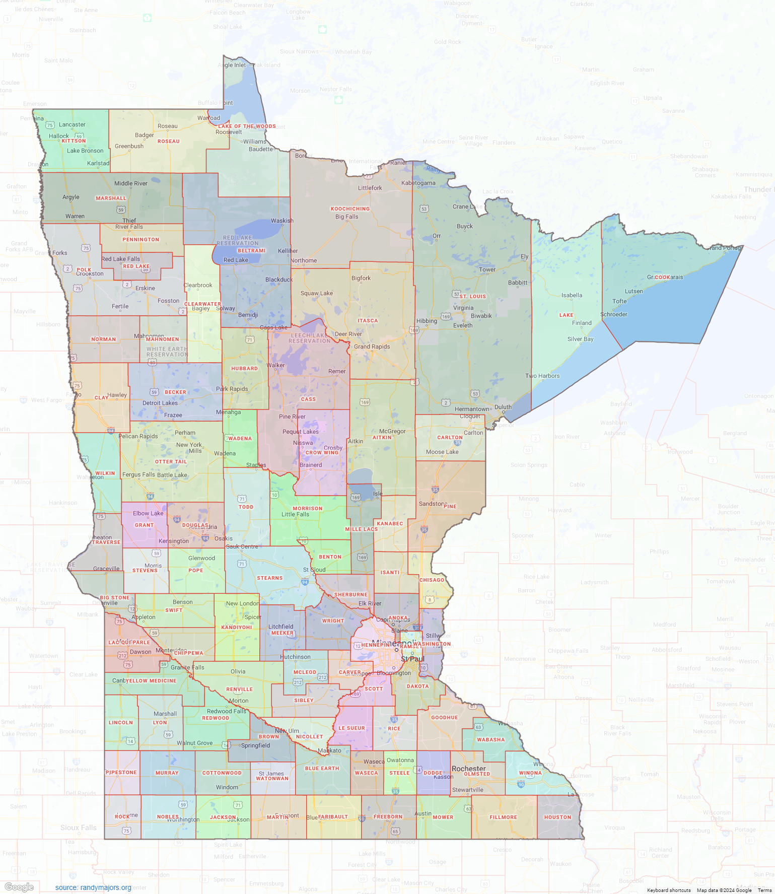 Minnesota County Map Shown On Google Maps