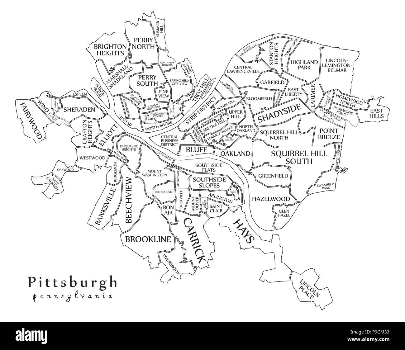 Modern City Map Pittsburgh Pennsylvania City Of The USA With Neighborhoods And Titles Outline Map Stock Vector Image Art Alamy