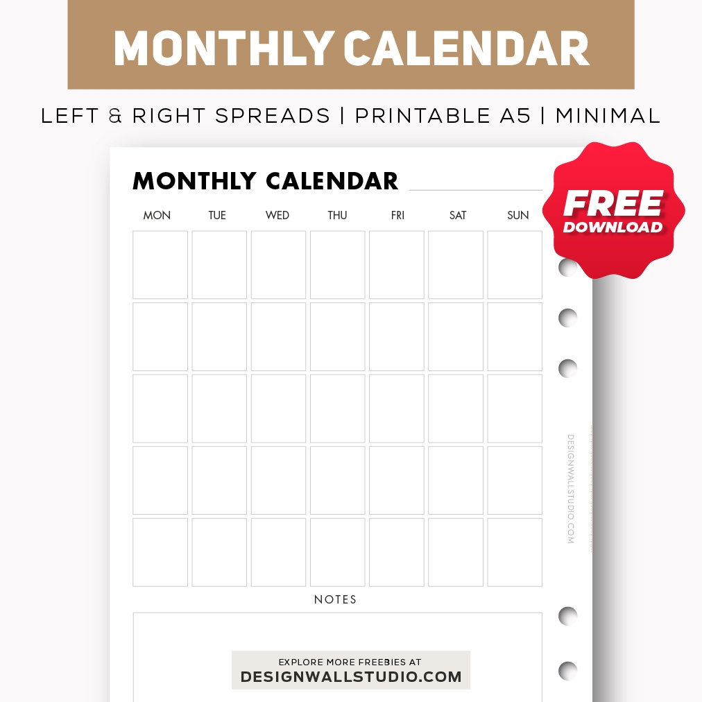 Monthly Calendar Printable Insert A5 Free PDF Download Two Page Layout 2 Versions Monthly Calendar Printable Insert A5 Free PDF Download Two Page Layout 2 Versions