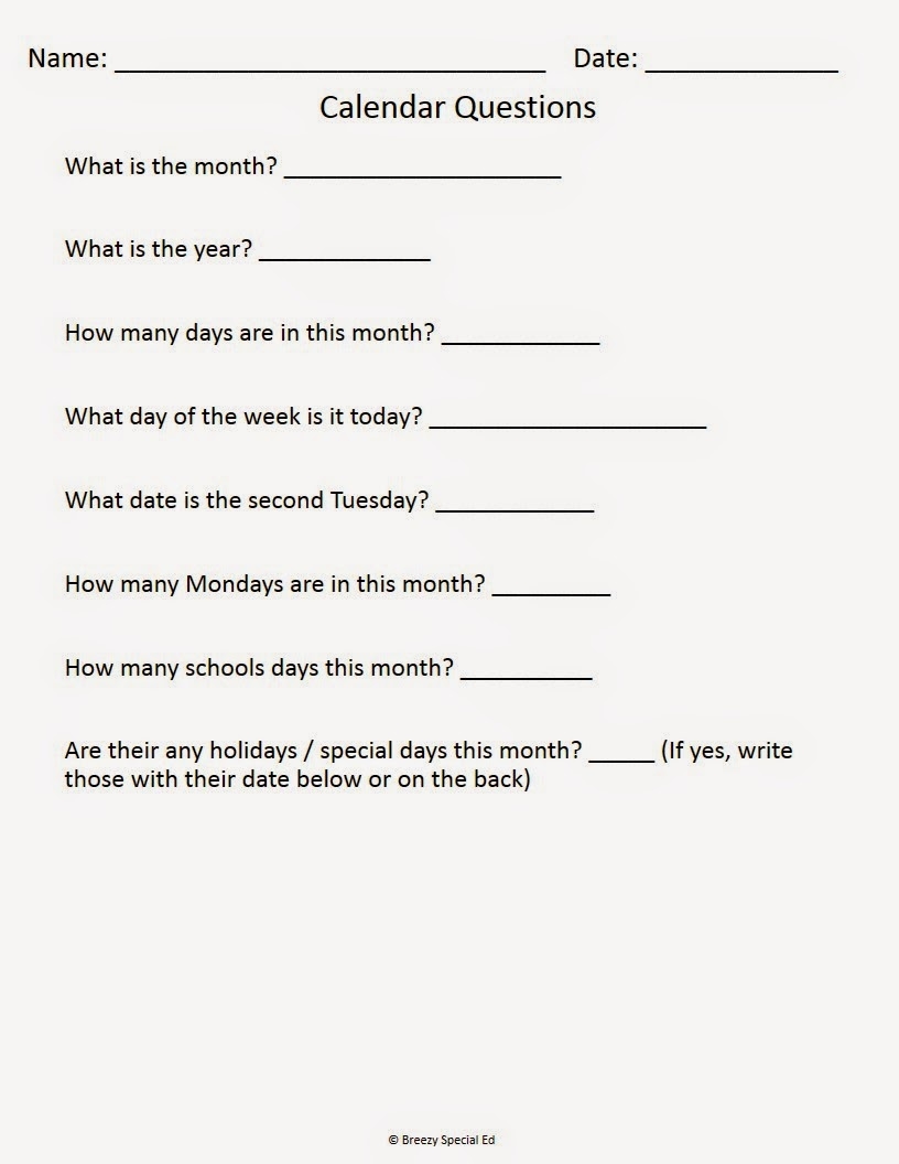 Monthly Calendar Worksheets August Freebies Breezy Special Ed