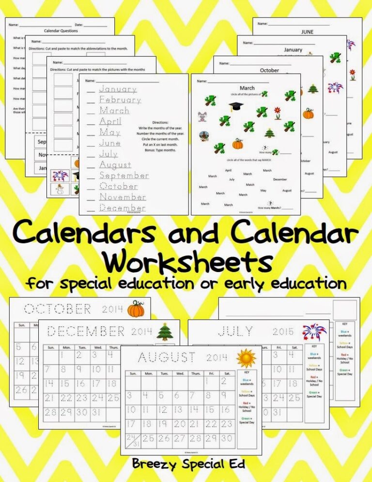 Monthly Calendar Worksheets August Freebies Breezy Special Ed