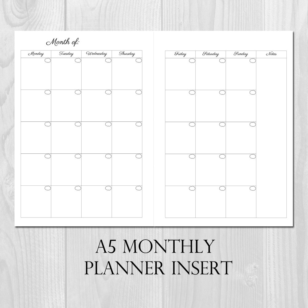 Monthly Planner Printable Insert A5 Size Undated Month On 2 Pages Etsy Monthly Planner Printable Insert A5 Size Undated Month On 2 Pages Etsy
