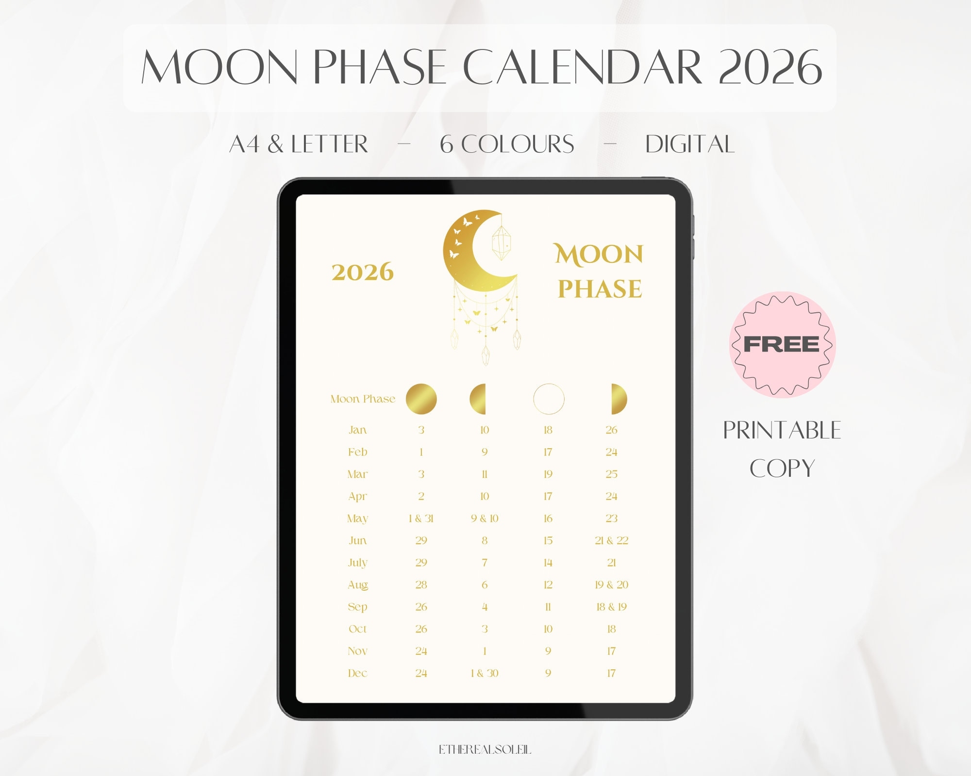 Moon Phase Calendar 2026 Lunar Printable digital PDF Png moonphase Moonphase 2026 Moon Calendar 2026 Lunar Calendar Etsy
