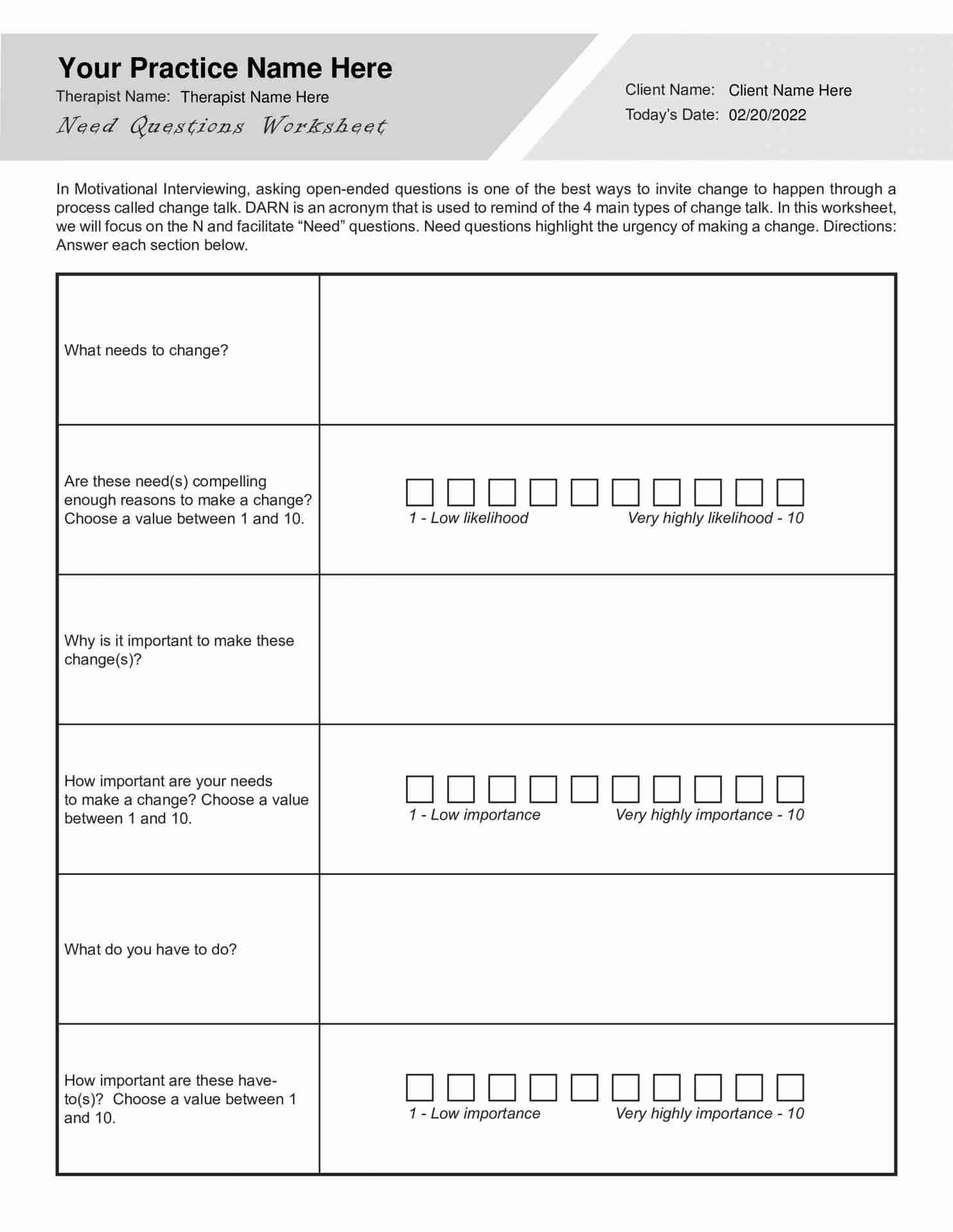 Motivational Interviewing Need Questions Worksheet PDF 