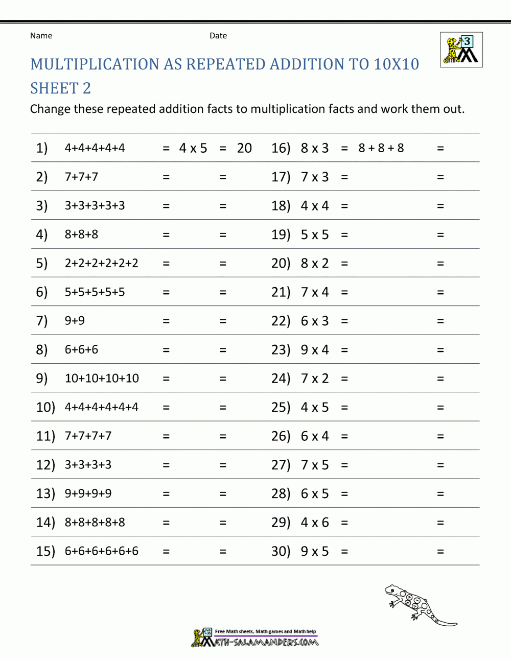 Multiplication Fact Sheets Printable