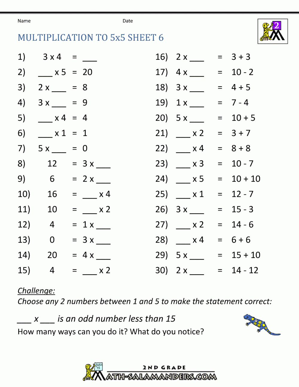Multiplication Practice Worksheets To 5x5
