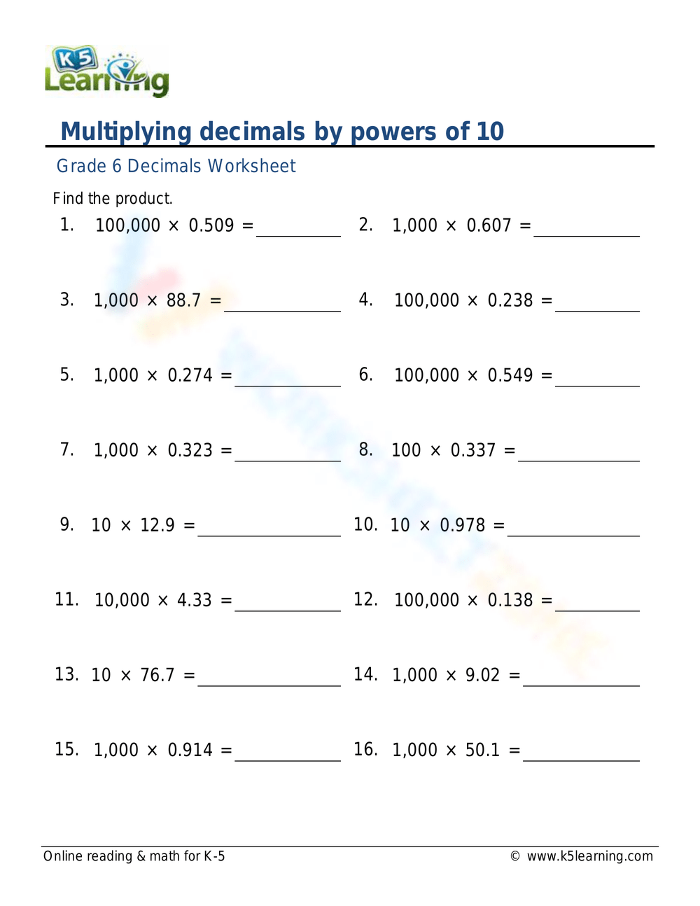 Multiplying By Powers Of 10 Worksheets Printable