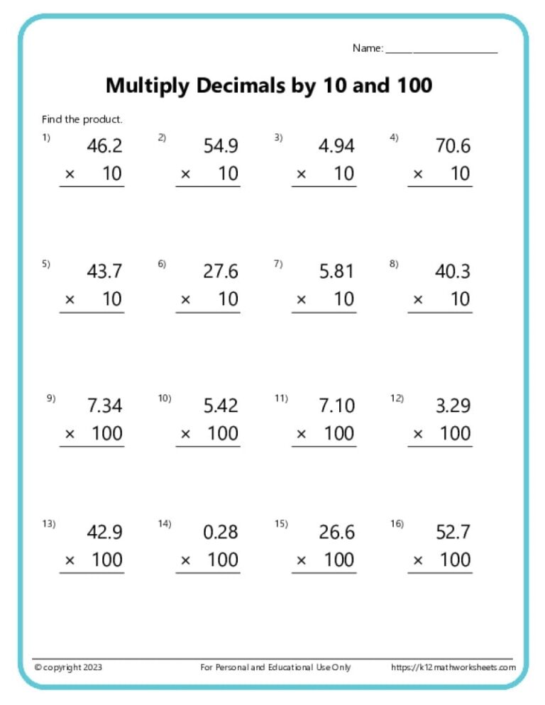 Multiplying Decimals Worksheets
