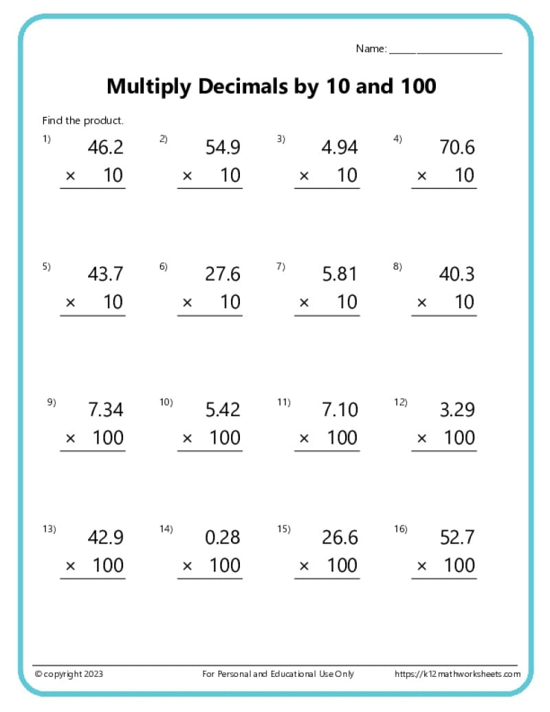 Multiplying Decimals Worksheets