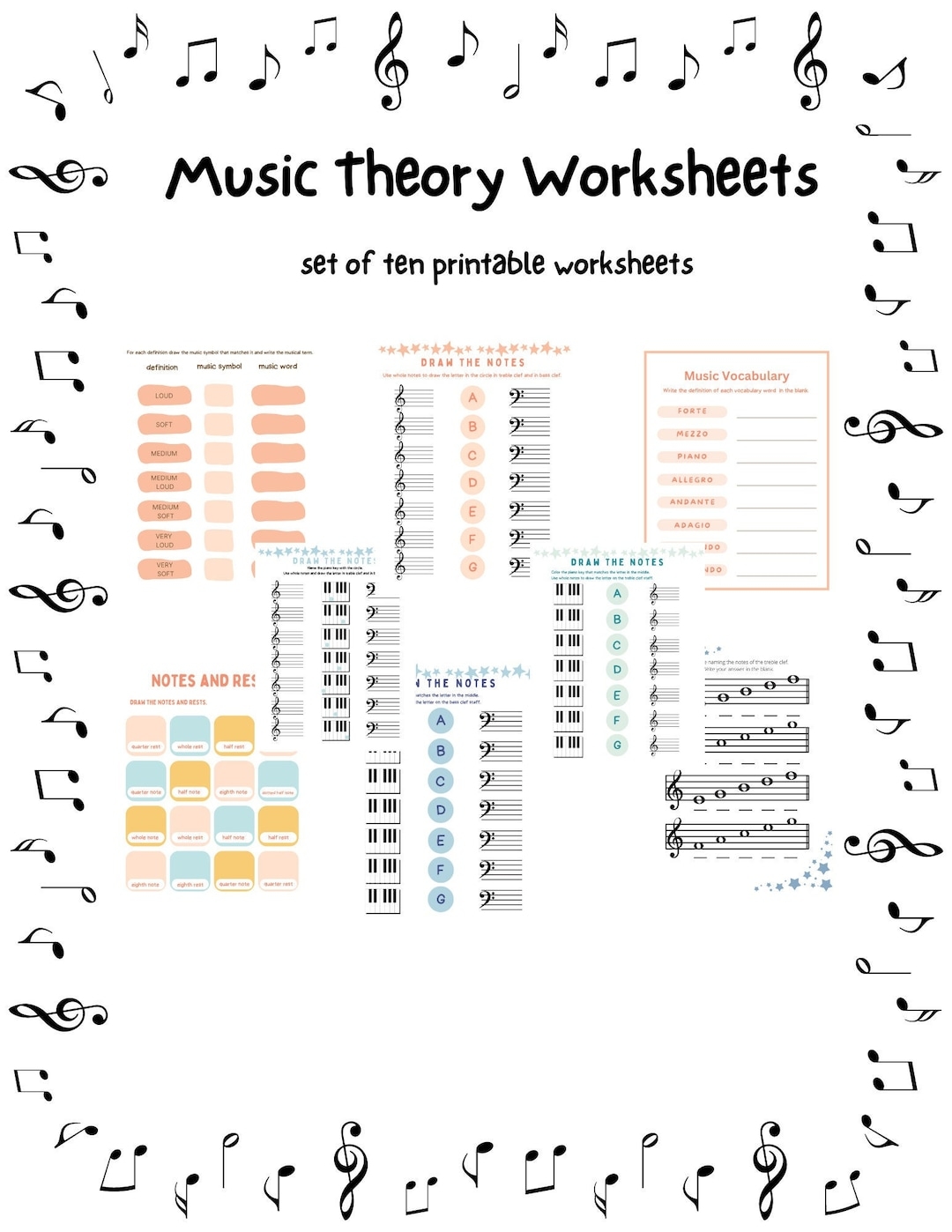 Music Worksheets Printable Music Theory Worksheets Homeschool Music Piano Lesson Worksheets Music Education Worksheet Music Vocabulary Etsy