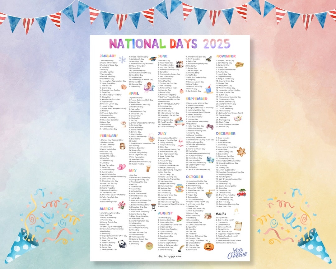National Days Calendar Printable 2025 National Holidays Calendar Social Media Ideas 365 Days To Celebrate Fun Days Silly Holidays Etsy