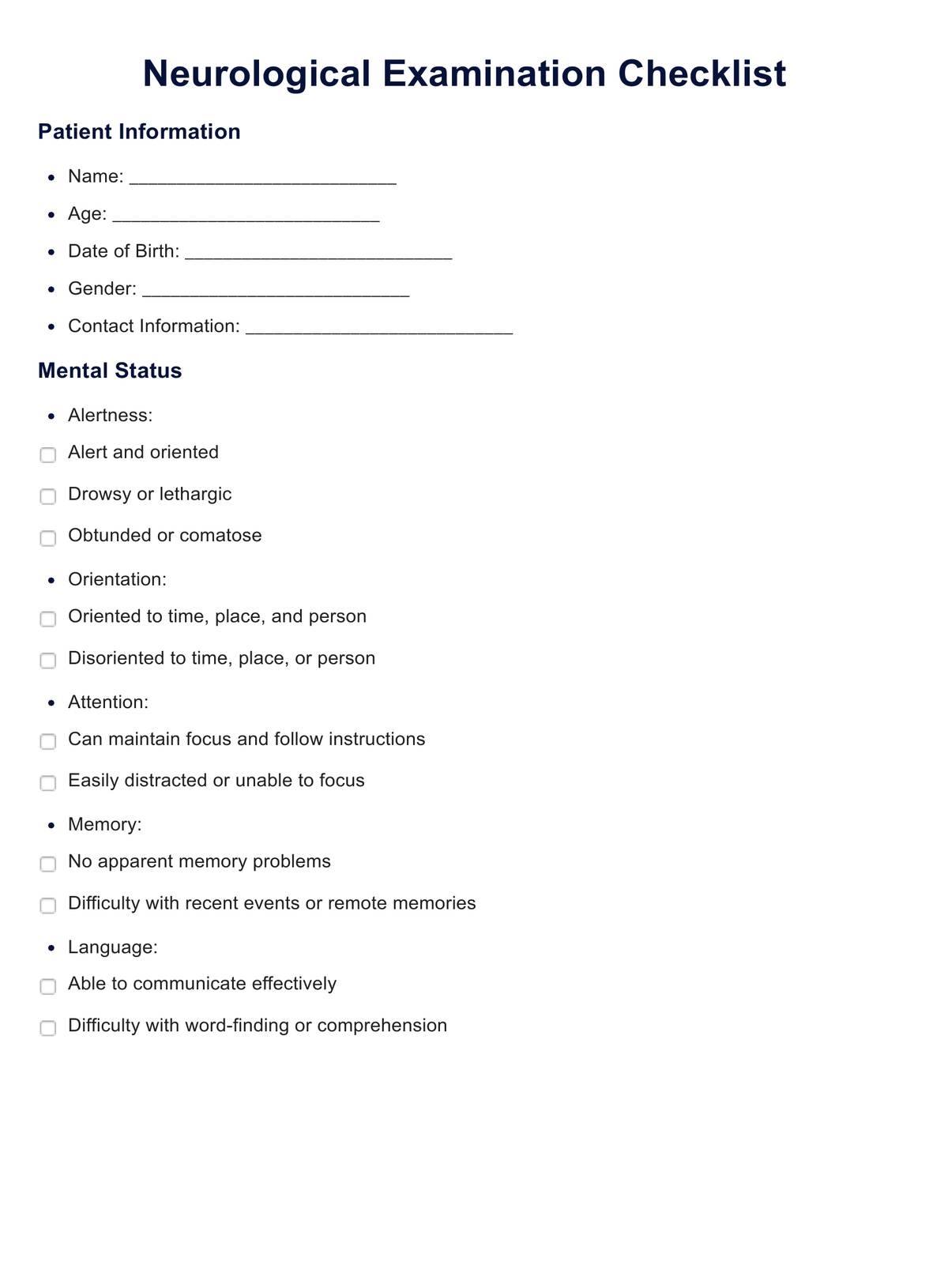 Printable Neurological Assessment Flow Sheet