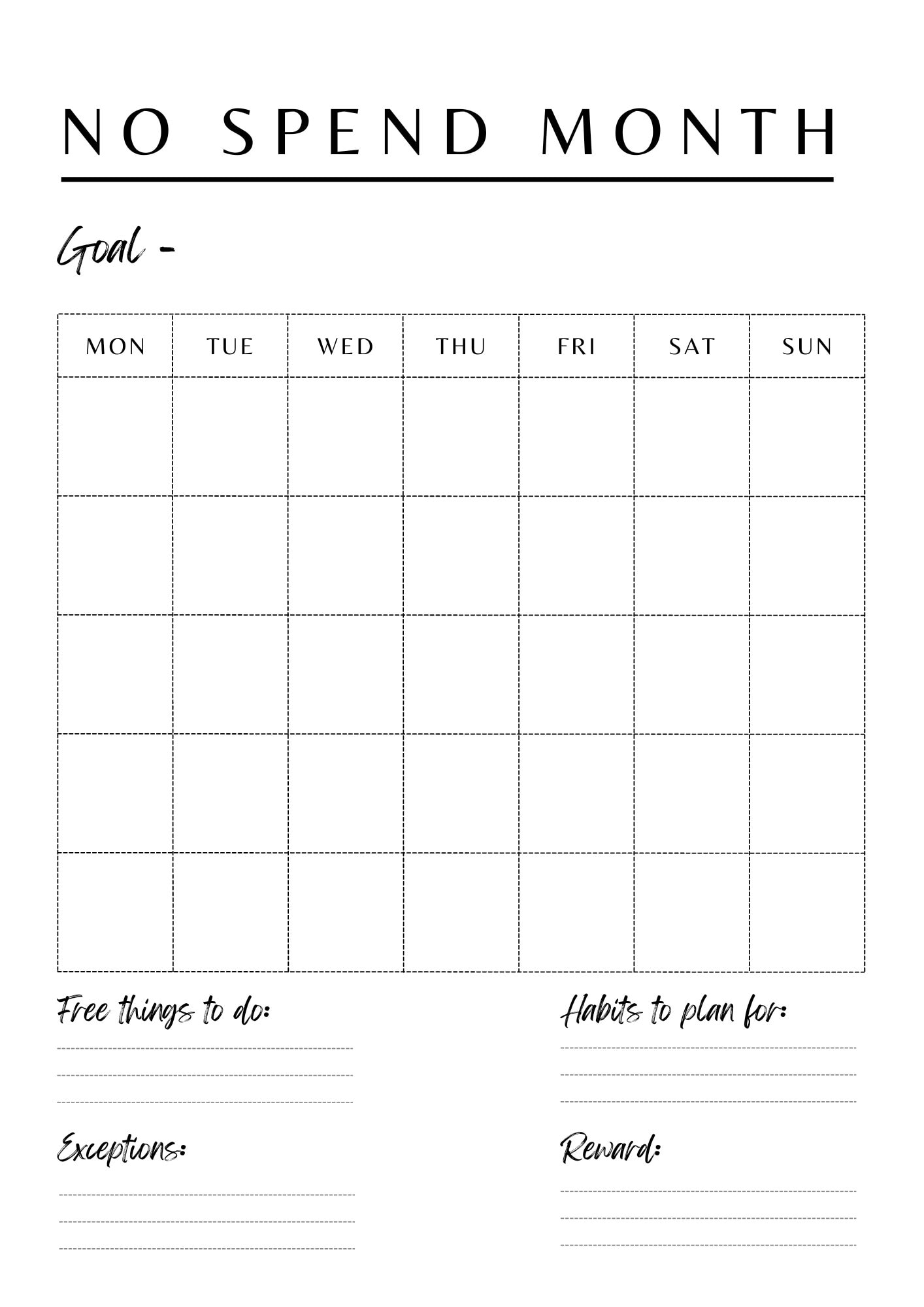 No Spend Month Challenge No Spend Tracker No Spend Calendar No Spend Checklist Spending Goals Budget Budgeting Debt Free Template Etsy