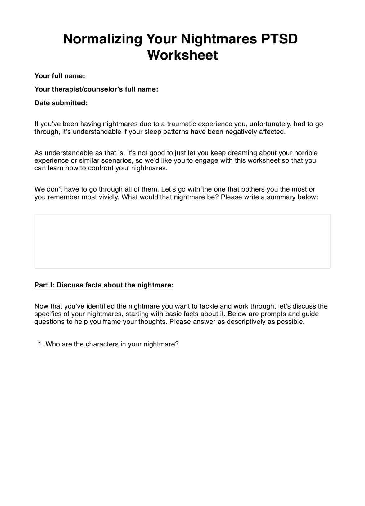 Normalizing Your Nightmares PTSD Worksheet